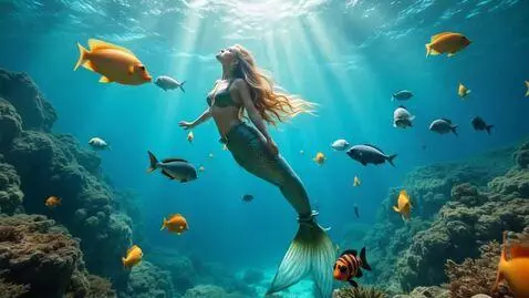 a mermaid swimming under water with a school of 